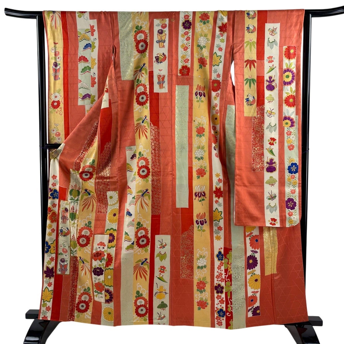 振袖 身丈163.5cm 裄丈63.5cm S 袷 花熨斗 花鳥 金糸 金彩 オレンジ