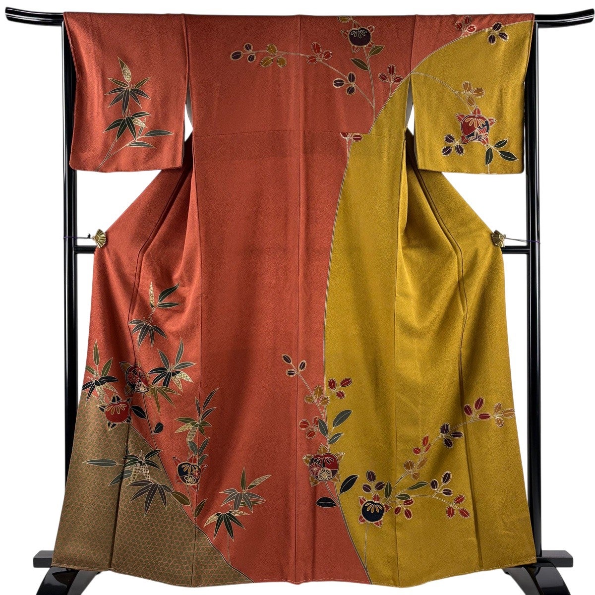 訪問着 身丈163.5cm 裄丈65.5cm M 袷 橘 笹 金彩 染め分け 赤茶 正絹