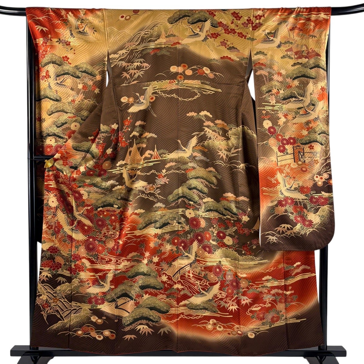振袖 身丈158cm 裄丈66cm M 袷 鶴 松竹梅 金糸 金彩 茶色 正絹 秀品