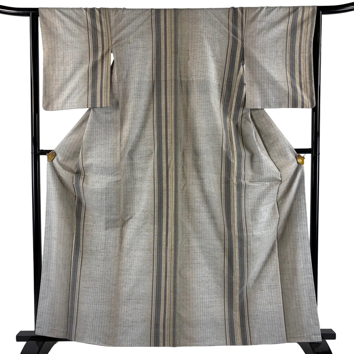 紬 身丈163cm 裄丈62cm S 袷 バチ衿 縦縞 灰色 正絹 秀品｜中古・古着