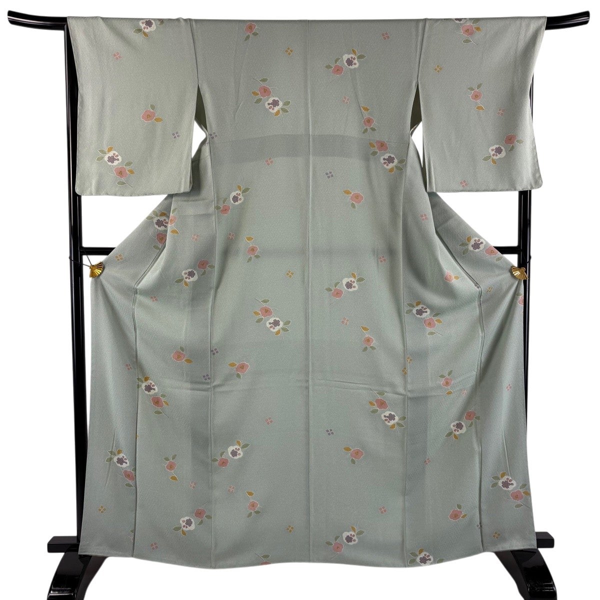 美品】 小紋 身丈164.5cm 裄丈67.5cm L 袷 椿 桜 金彩 灰緑 正絹 秀品