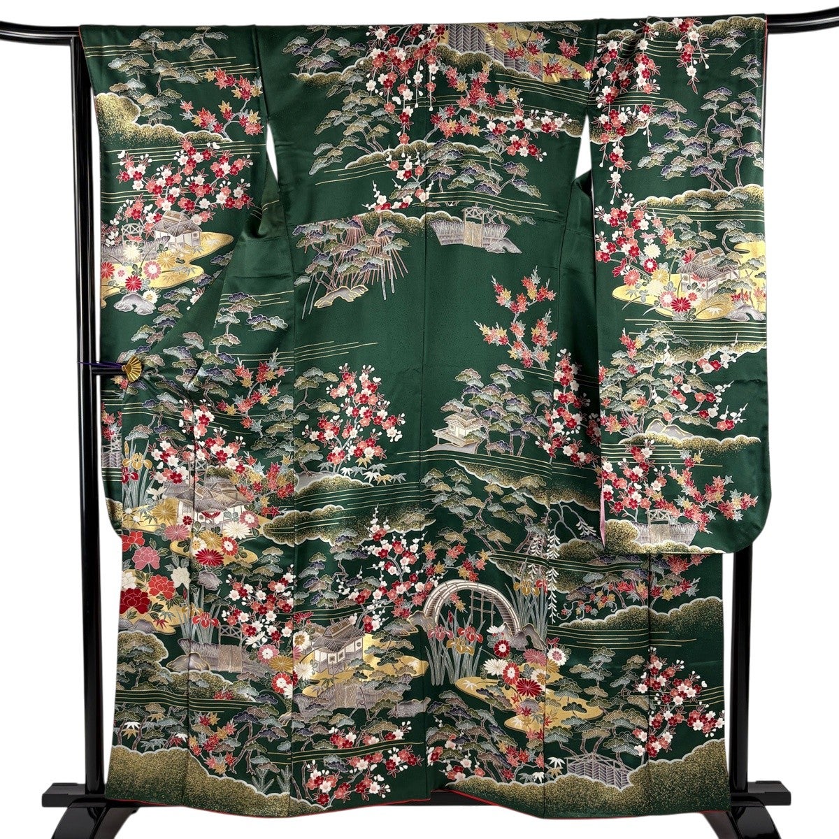 振袖 身丈159cm 裄丈66.5cm M 袷 家屋 松竹梅 金彩 緑 正絹 秀品｜中古