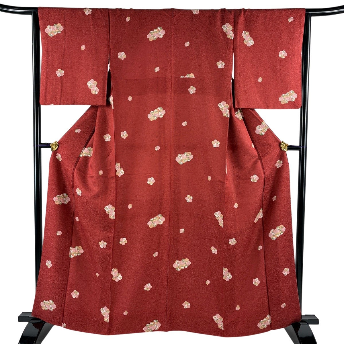 美品】 小紋 身丈162cm 裄丈65cm M 袷 松竹梅 地紋 茜色 正絹 秀品
