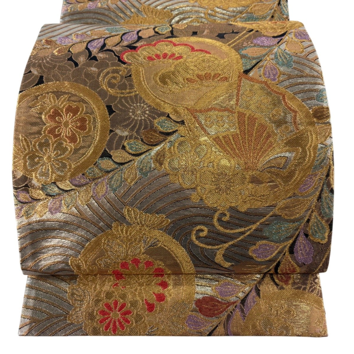 美品】 袋帯 秀品 鳥 波 金銀糸 金色 六通 正絹｜中古・古着 