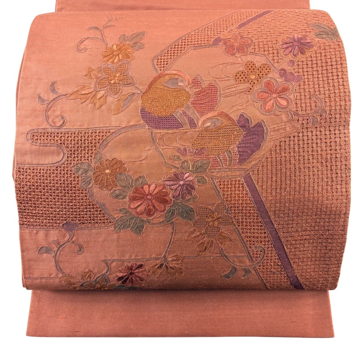袋帯 逸品 落款あり 雪英導 御所車 草花 蘇州刺繍 箔 金色 お太鼓柄