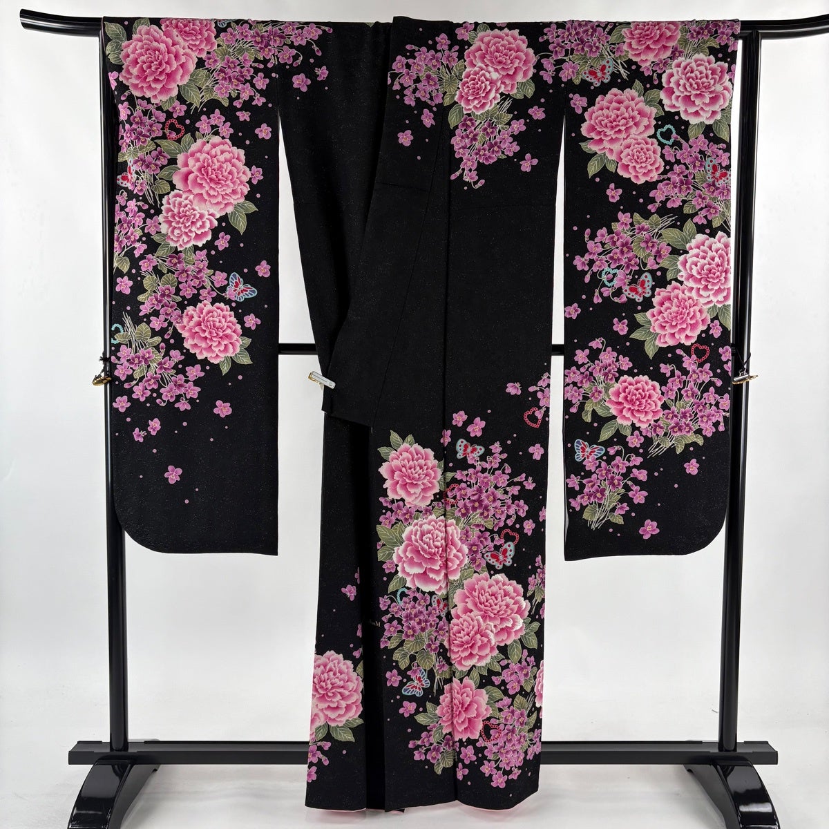 美品】 振袖 身丈160.5cm 裄丈67.5cm L 袷 牡丹 蝶 刺繍 銀通し 黒