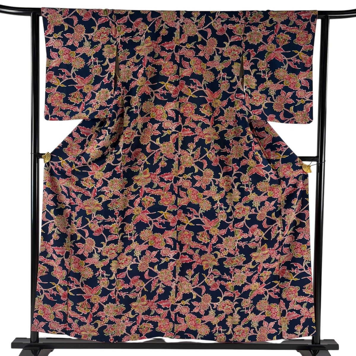 美品】 小紋 身丈155cm 裄丈62.5cm S 袷 草花 紺色 正絹 優品｜中古