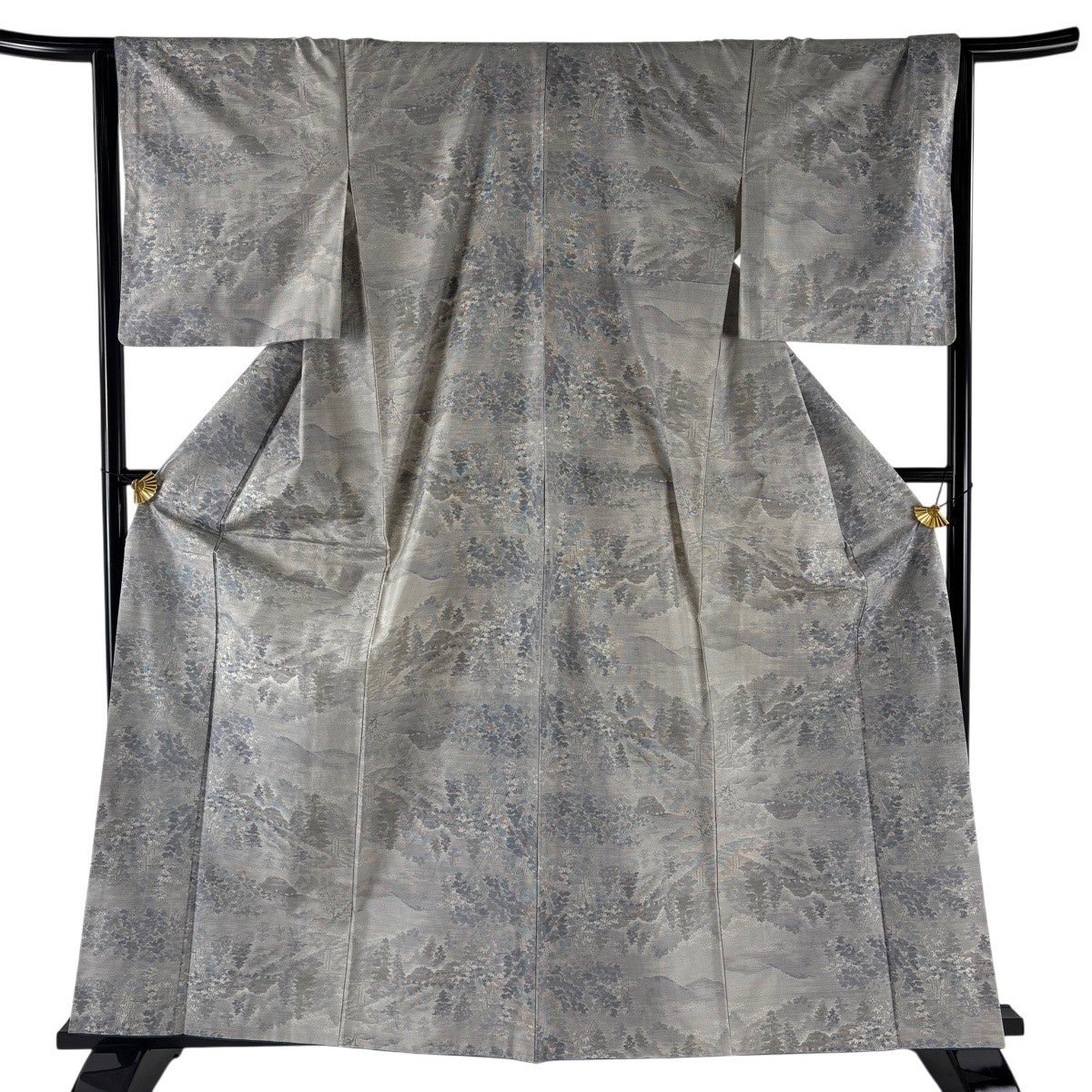 美品】 紬 身丈160.5cm 裄丈65.5cm M 袷 家屋 笹 灰色 正絹 優品｜中古