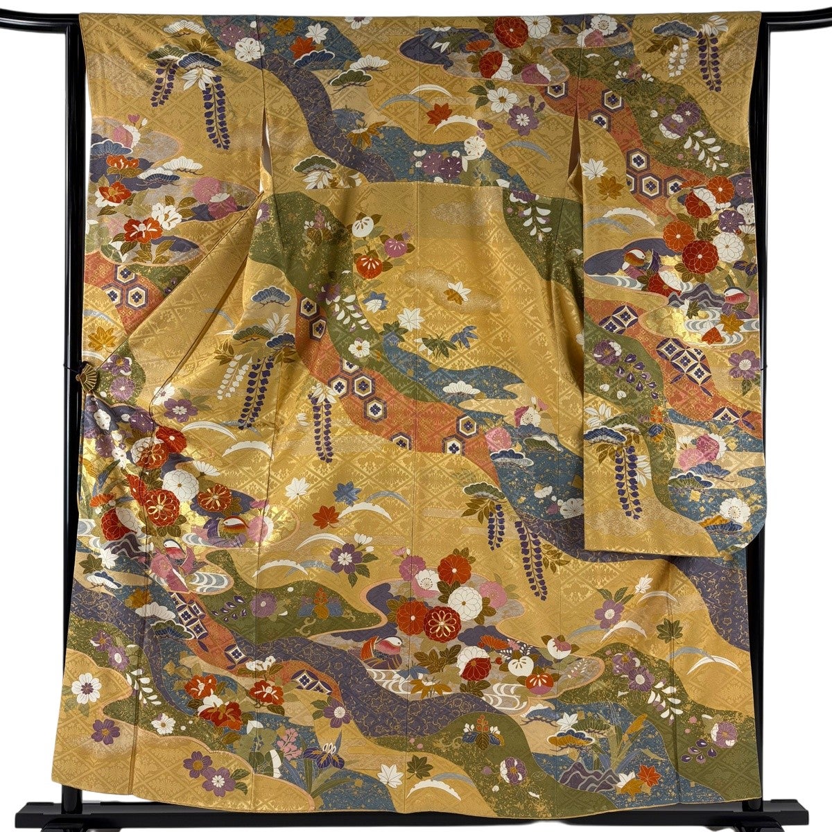 振袖 身丈157cm 裄丈65cm M 袷 鴛鴦 菊 金糸 金彩 薄黄土色 正絹 名品
