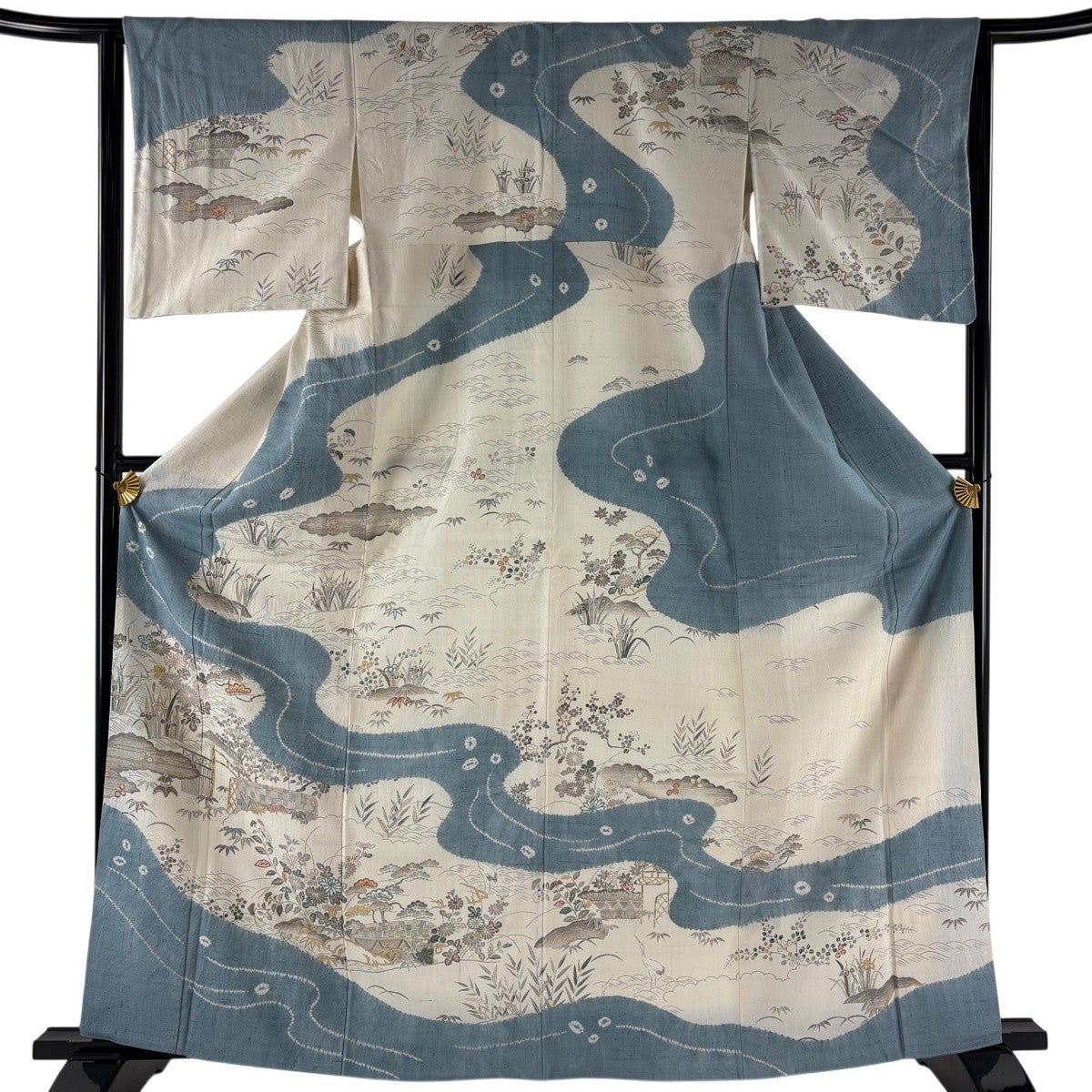 訪問着 身丈164.5cm 裄丈64cm M 袷 紬地 花唐草 斜縞 薄紫 正絹 秀品