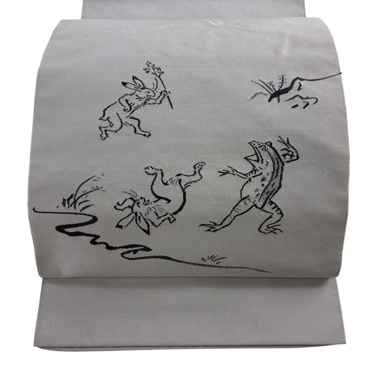 名古屋帯 逸品 八寸名古屋帯 鳥獣戯画 灰紫 正絹｜中古・古着