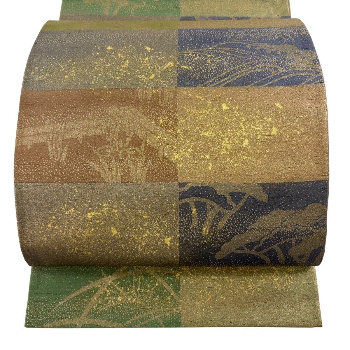 美品】 袋帯 逸品 牛首紬地 鳥 唐草 金彩 茶紫 お太鼓柄 正絹｜中古
