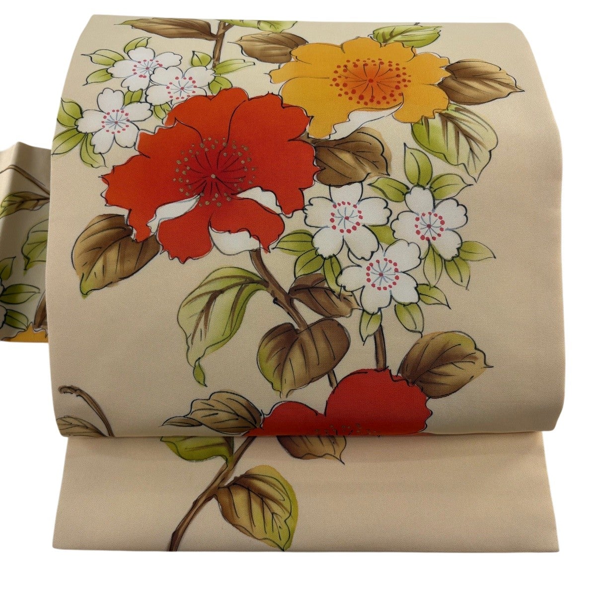 名古屋帯 優品 草花 ぼかし 金彩 薄オレンジ 正絹｜中古・古着