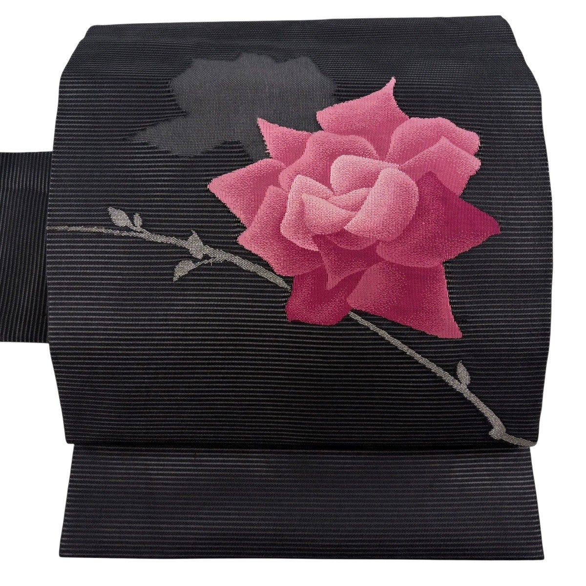 高級結び帯 薔薇 黒 名古屋帯 優品 夏帯 絽 薔薇 シルエット 銀糸 黒 正絹｜中古・古着