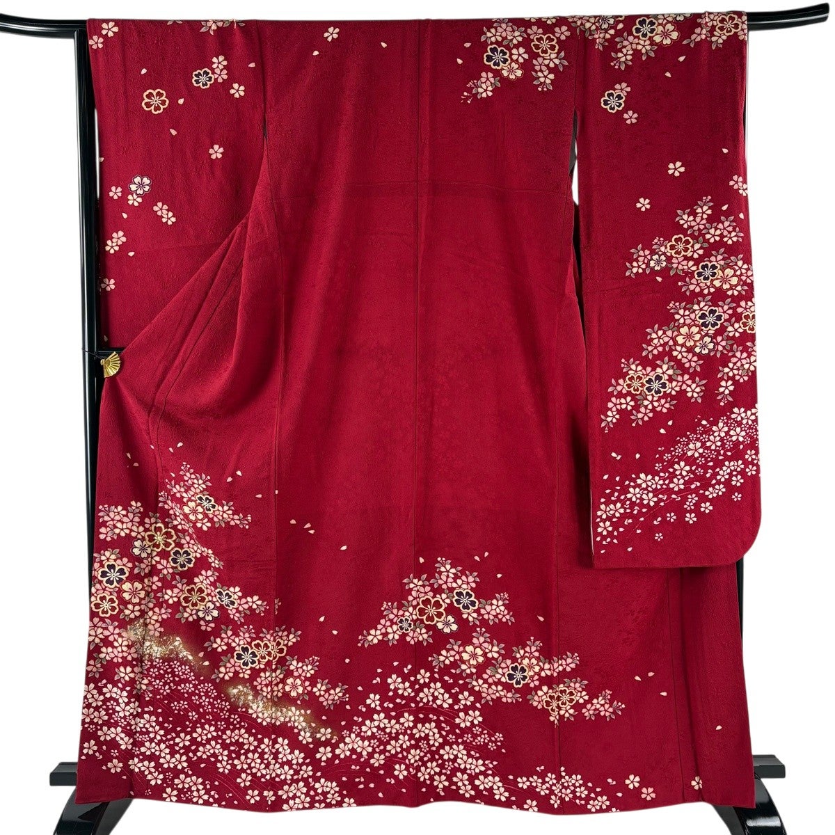 【振袖フルセット】身丈163.5cm 裄丈69cm 桜 手鞠 金彩 ぼかし 赤 振袖 身丈165cm 裄丈67cm M 袷 やまと 桜 花びら 箔 金彩 赤 正絹 名品