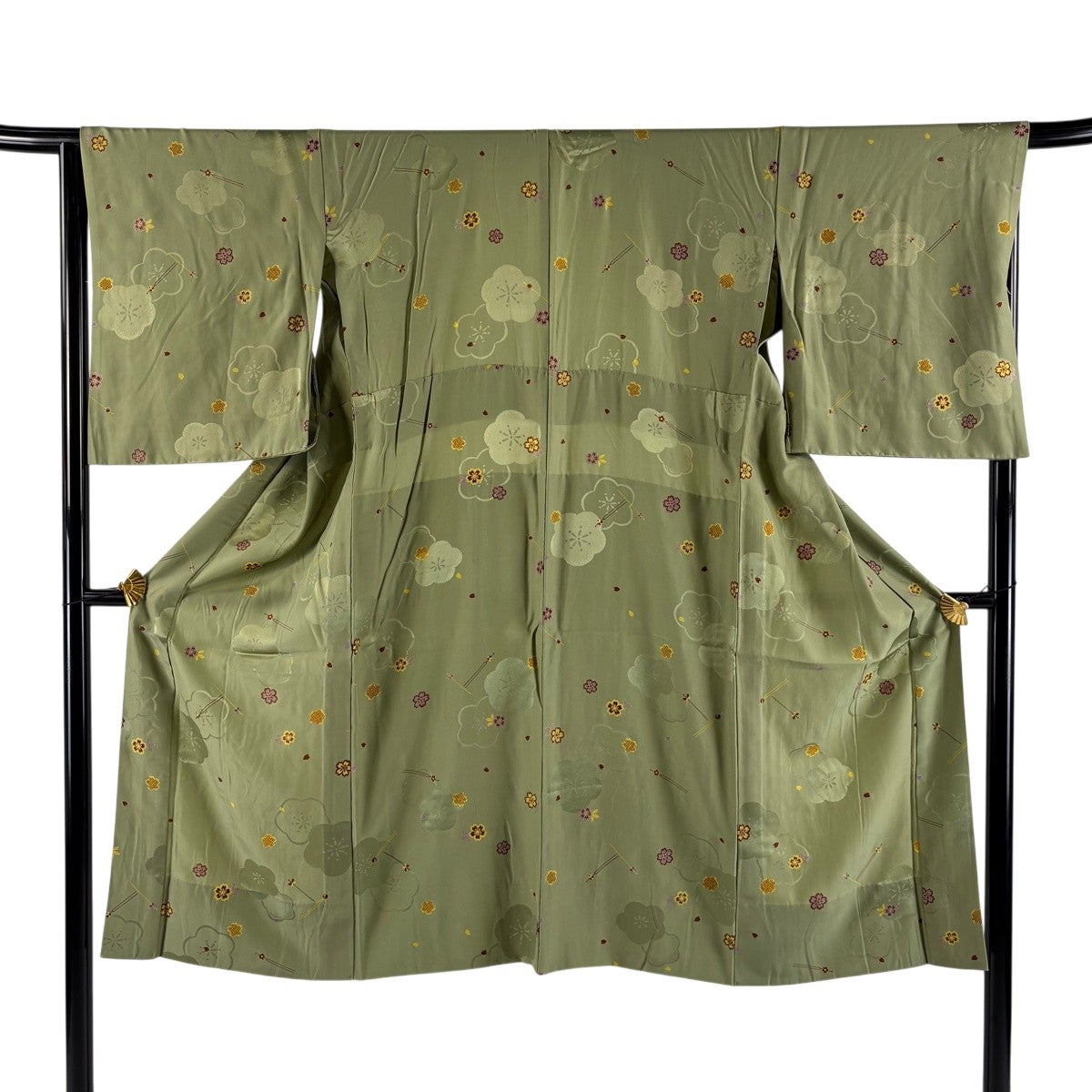長襦袢 身丈120.5cm 裄丈67cm M 簪 桜 金彩 よもぎ色 正絹 秀品｜中古