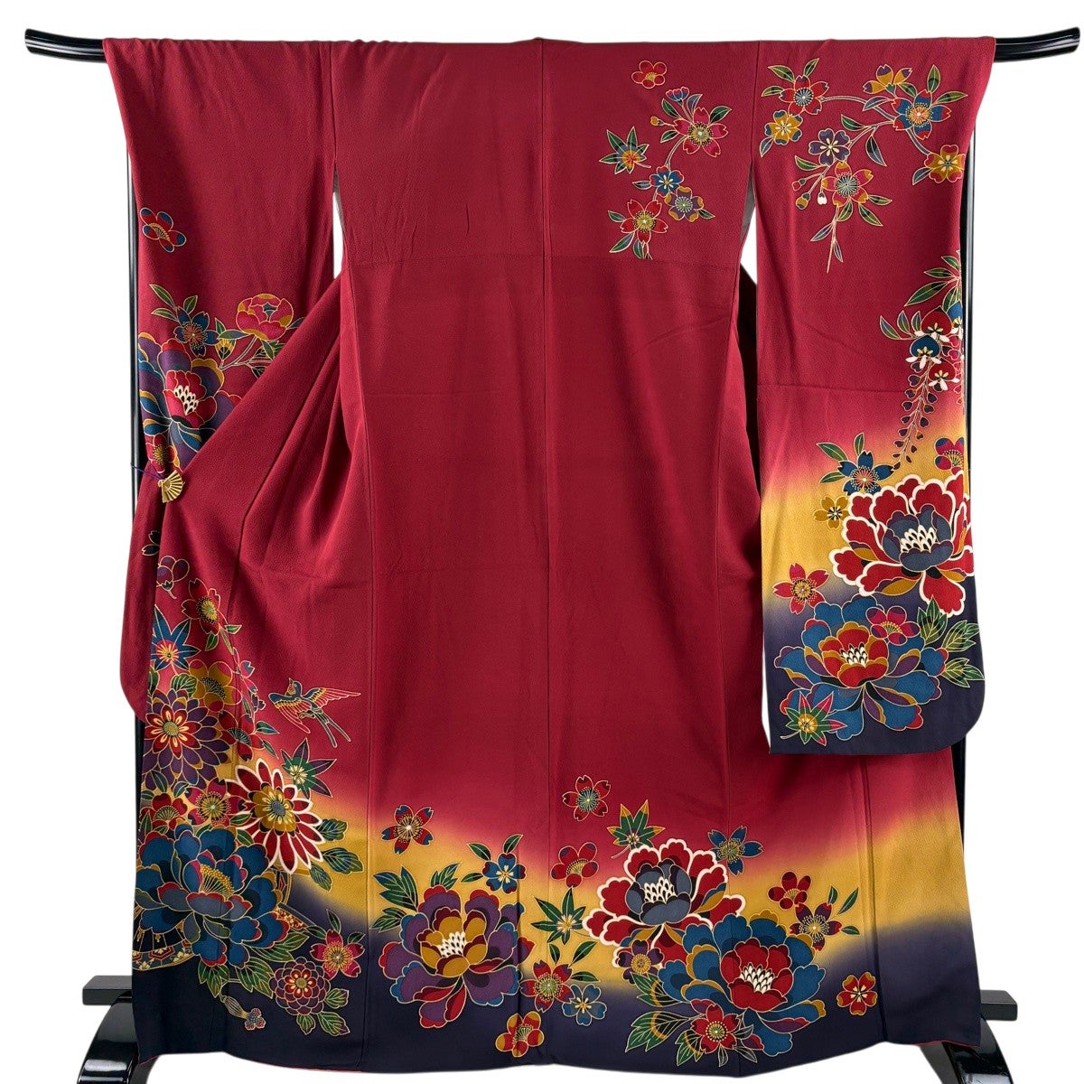 【最終値下げ】正絹 振袖 着物セット身丈162cm 裄67.4cm 美品】 振袖 身丈167cm 裄丈70.5cm L 袷 花車 鳥 染め分け ぼかし