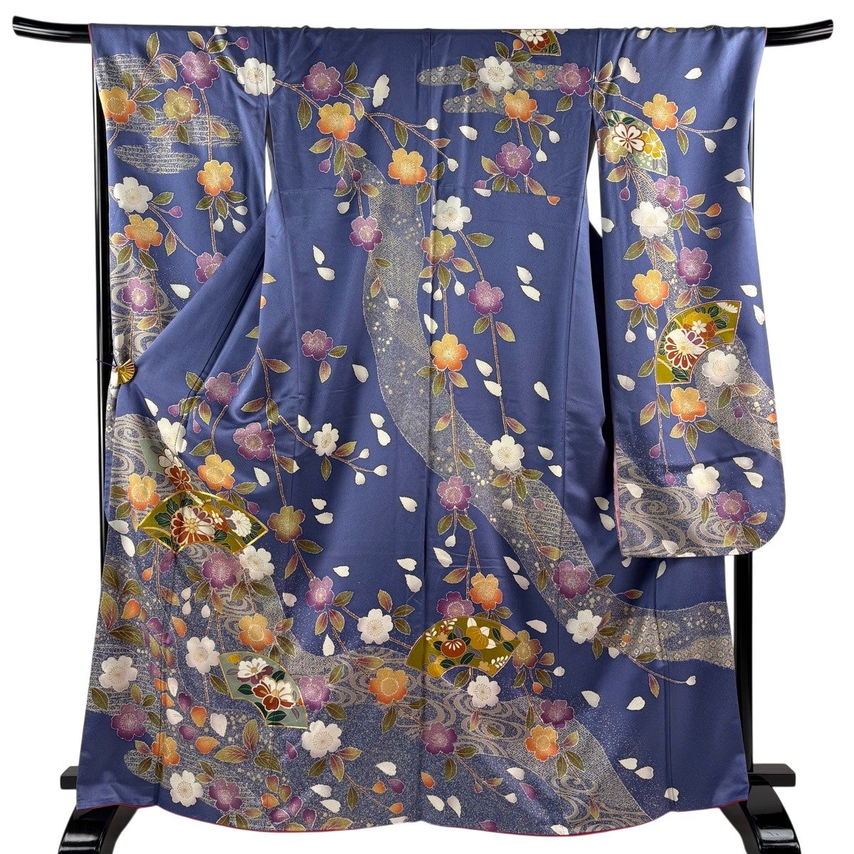 振袖 身丈164.5cm 裄丈69.5cm L 袷 扇面 菊 金糸 金彩 青紫 正絹 名品