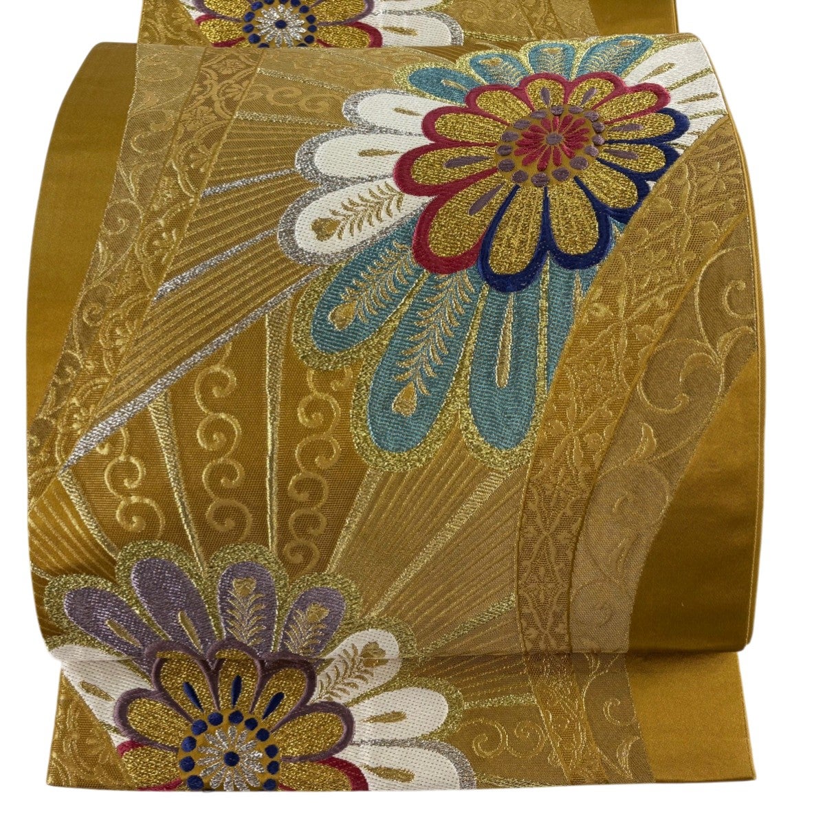 袋帯 秀品 落款あり 和楽器 向かい鳥 金糸 深緑 お太鼓柄 正絹｜中古