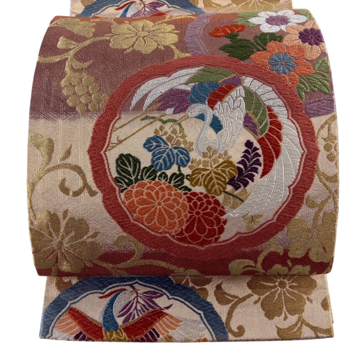 美品】 袋帯 秀品 草花 鳥 箔 金銀糸 薄緑 六通 正絹｜中古・古着