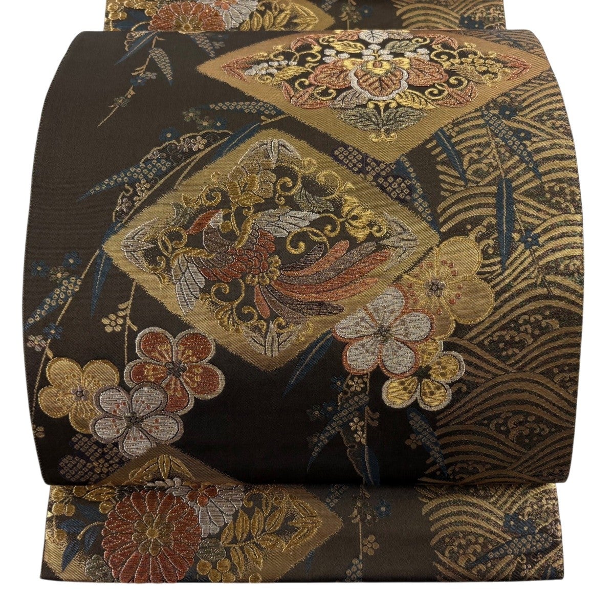 美品】 袋帯 秀品 花喰い鳥 草花 金糸 箔 焦茶色 六通 正絹