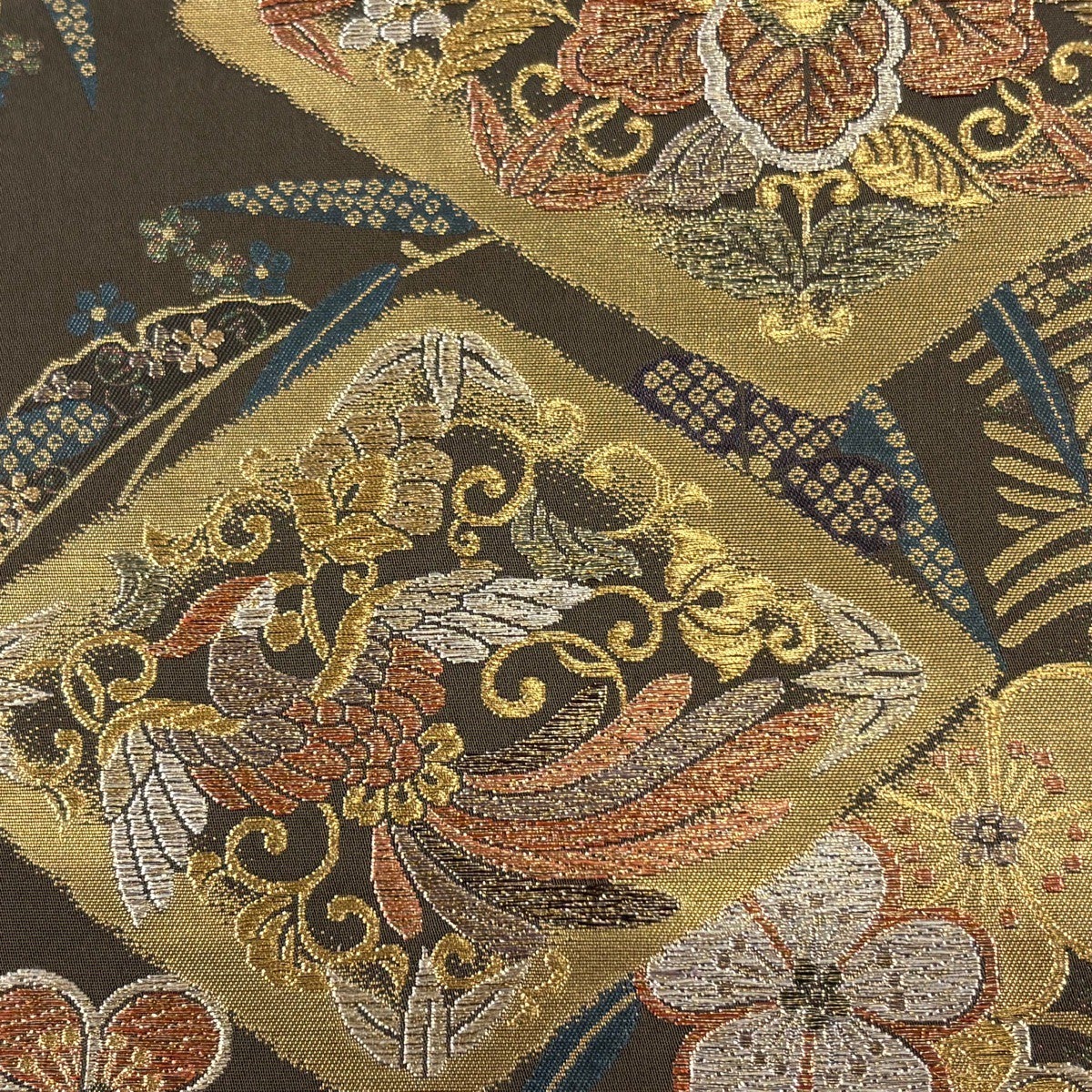 美品】 袋帯 秀品 花喰い鳥 草花 金糸 箔 焦茶色 六通 正絹