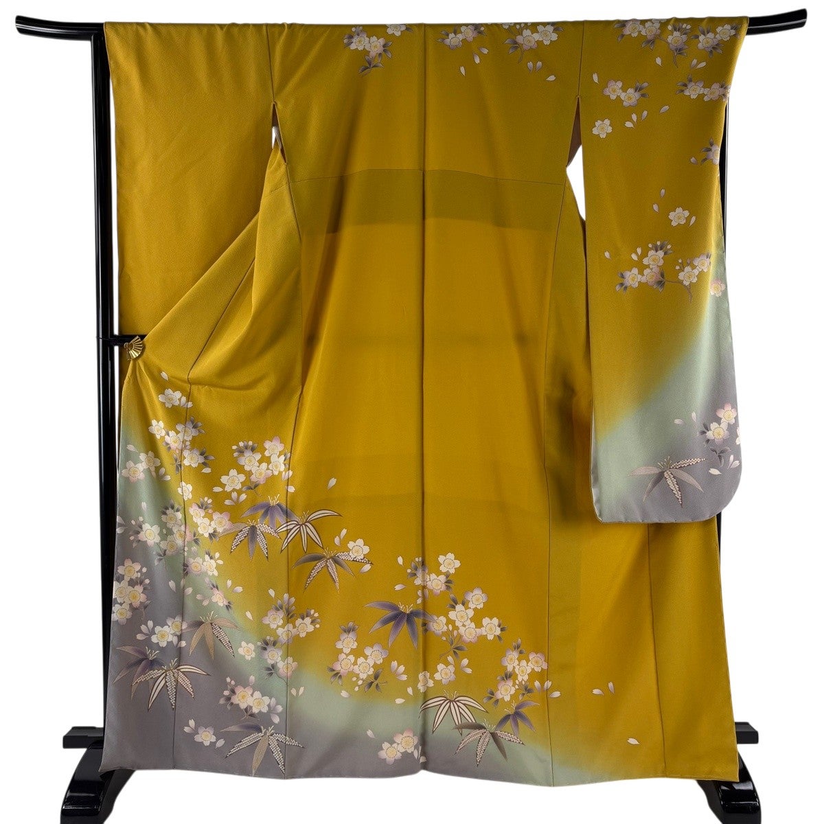 振袖 身丈167cm 裄丈68cm L 袷 桜 笹 金彩 ぼかし からし色 正絹 名品