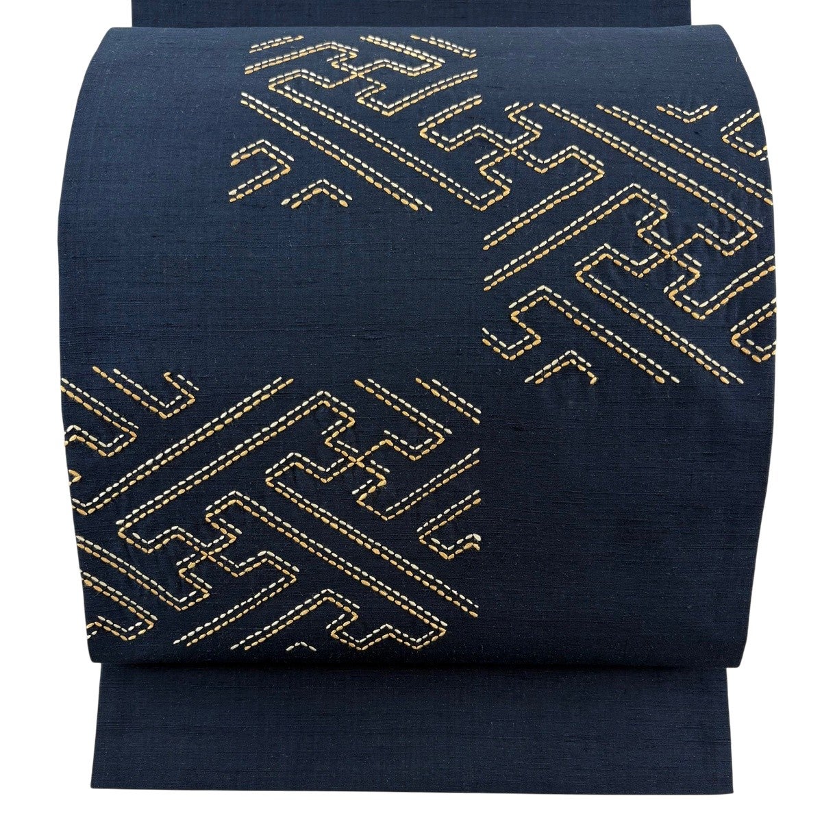開き名古屋帯 名品 紗綾形 刺し子刺繍 紺色 正絹｜中古・古着