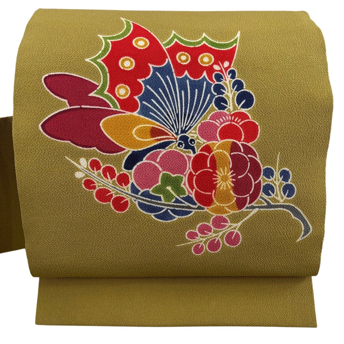 栗山吉三郎　名古屋帯　ちりめん　正絹 名古屋帯 名品 栗山吉三郎 蝶 梅 縮緬 鶯色 正絹｜中古・古着