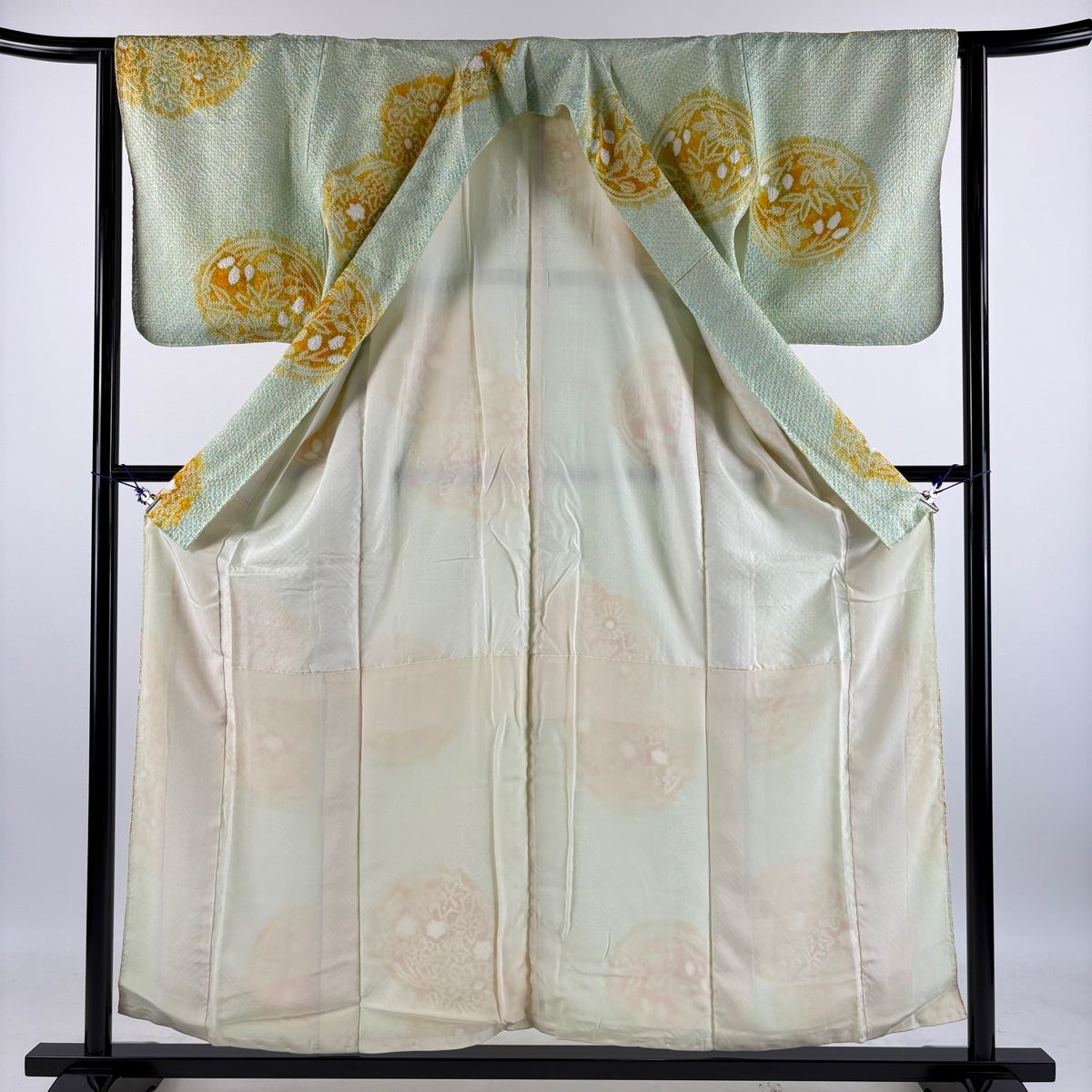 小紋 身丈156cm 裄丈62.5cm S 袷 花丸文 総絞り 薄緑 正絹 秀品｜中古