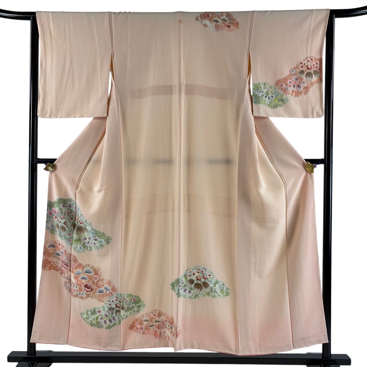 美品】 訪問着 身丈153cm 裄丈64cm M 袷 雲文 草花 絞り サーモン