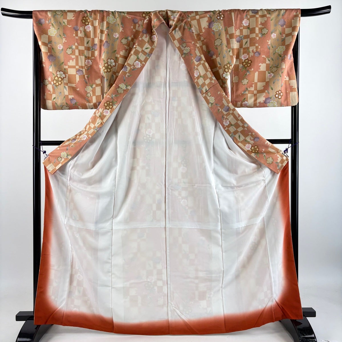 美品】 小紋 身丈168cm 裄丈68cm L 袷 枝垂れ桜 シルエット ピンク