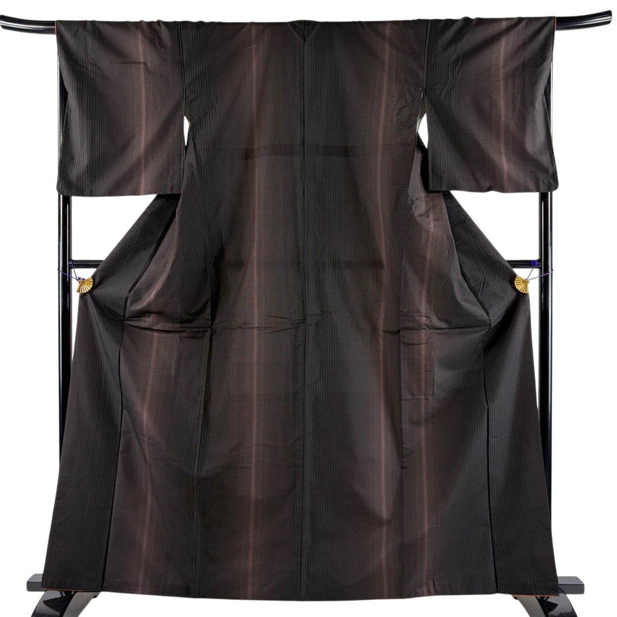 紬 身丈162cm 裄丈68cm L 袷 縦縞 茶紫 正絹 秀品｜中古・古着