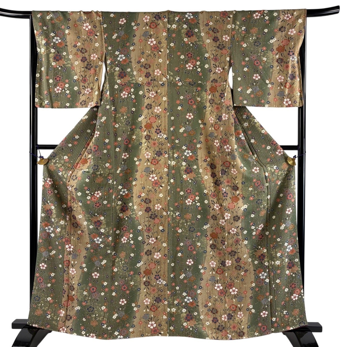 美品】 小紋 身丈165cm 裄丈63.5cm S 袷 鶴 熨斗 金彩 ぼかし えんじ色