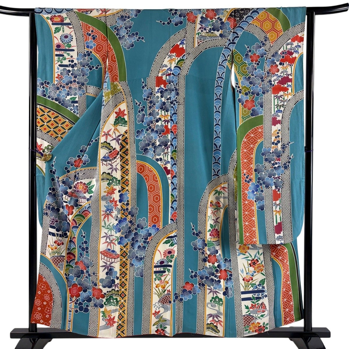 振袖 身丈158cm 裄丈64cm M 袷 松竹梅 青海波 染分け 水色 正絹 秀品