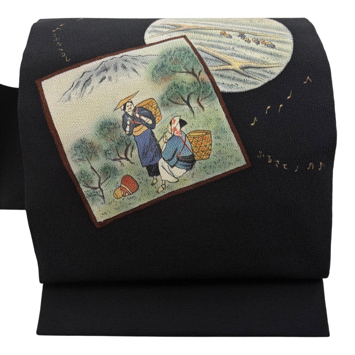 美品】 名古屋帯 秀品 色紙 人物 縮緬 金彩 黒 正絹｜中古・古着