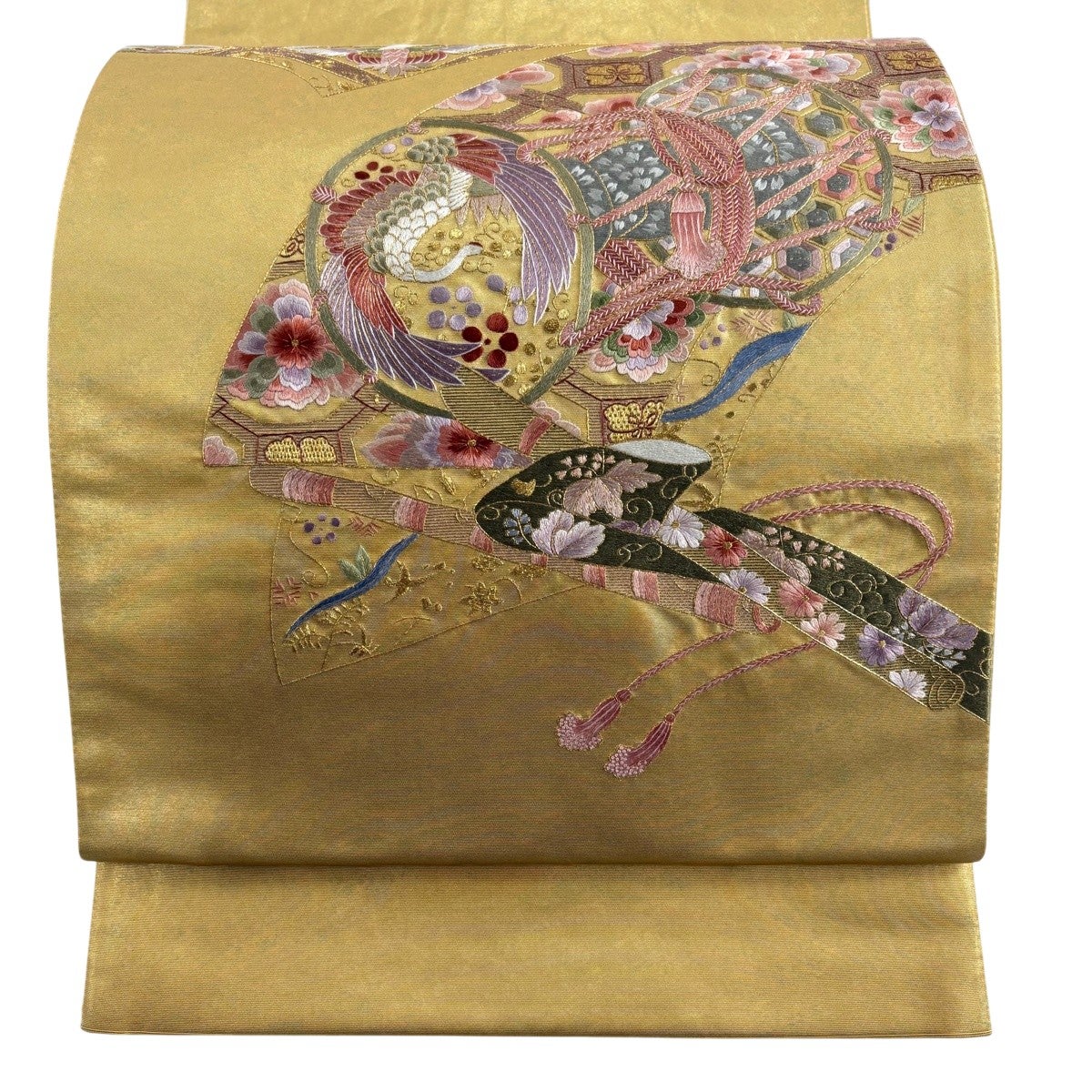 美品】 袋帯 秀品 関西仕立て 鳳凰 草花 金糸 箔 金色 六通 正絹｜中古