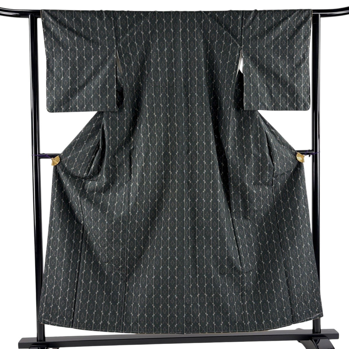紬 身丈155cm 裄丈62.5cm S 袷 縞 井桁絣 深緑 正絹 逸品｜中古・古着