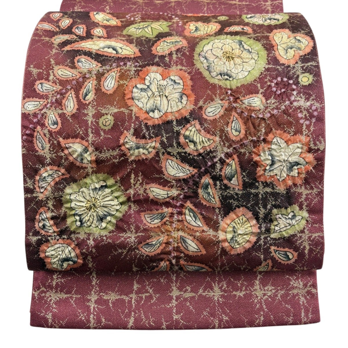 美品】 袋帯 名品 落款あり 辻が花 箔 灰緑 お太鼓柄 正絹｜中古・古着