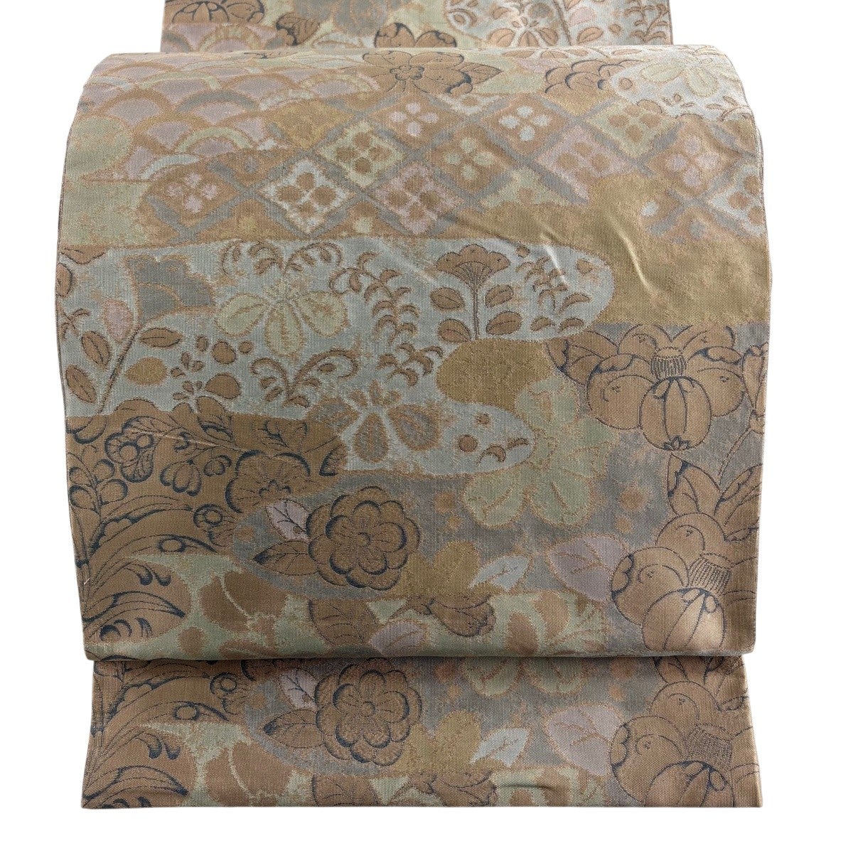 美品】 袋帯 名品 桜 幾何学模様 金銀糸 箔 ピンクベージュ 六通 正絹