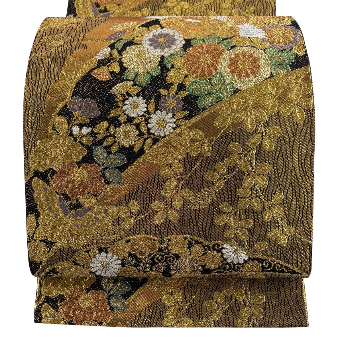 美品】 袋帯 秀品 関西仕立て 鳳凰 草花 金糸 箔 金色 六通 正絹｜中古