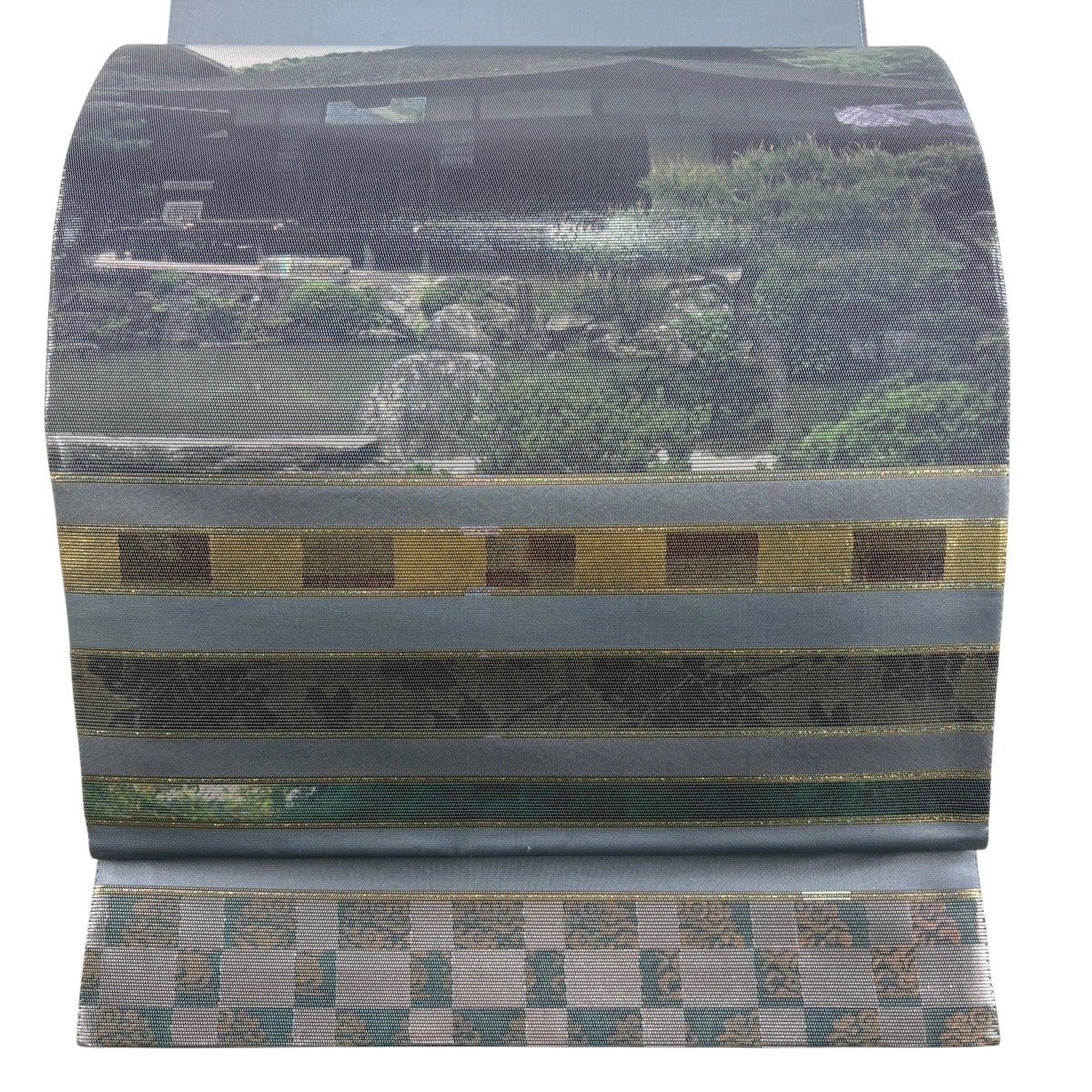 40%OFF 【美品】 袋帯 逸品 風景 箔 銀色 お太鼓柄 正絹 K30｜中古