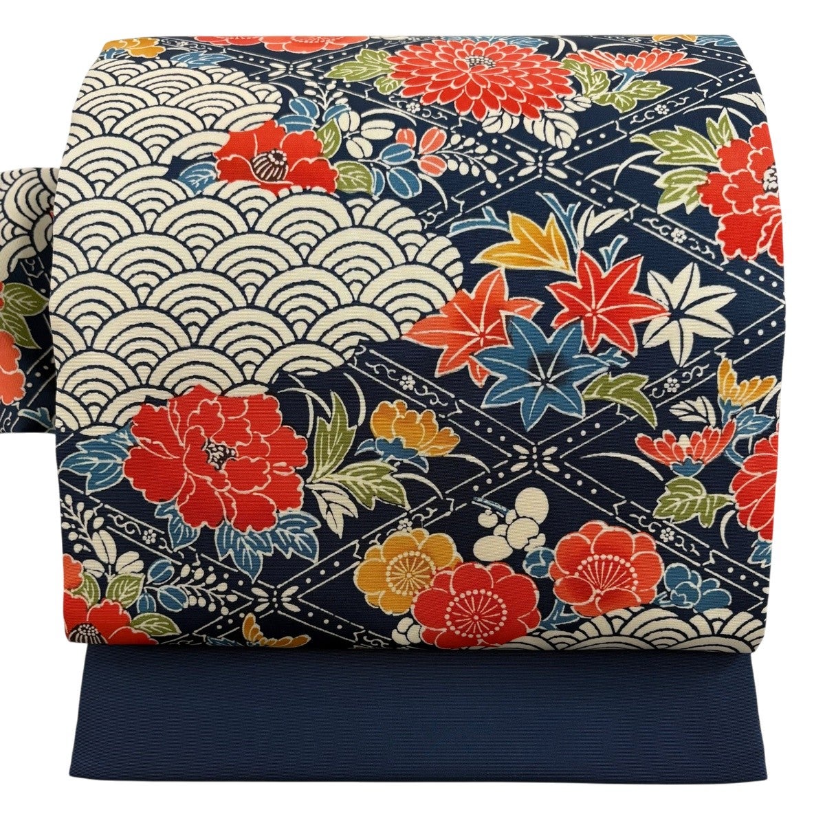 名古屋帯 秀品 菊 青海波 藍色 正絹｜中古・古着・リサイクル着物通販