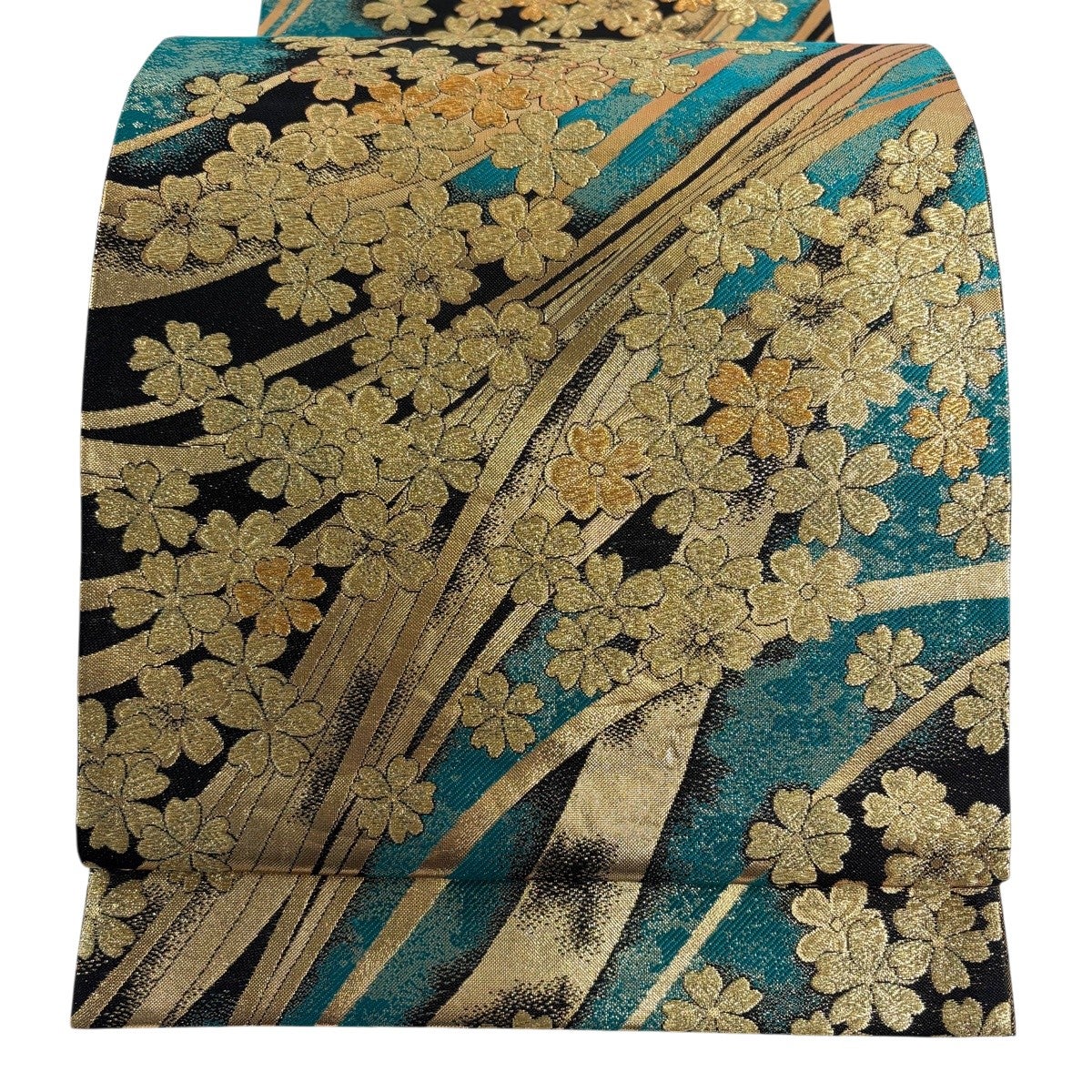 袋帯 秀品 蝶 桜 金銀糸 箔 灰緑 六通 正絹｜中古・古着・リサイクル