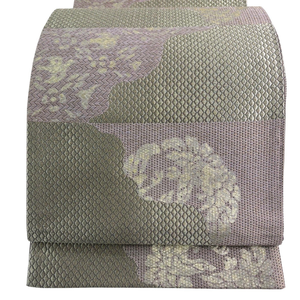 美品】 袋帯 秀品 幾何学模様 金糸 鶯色 全通 正絹｜中古・古着