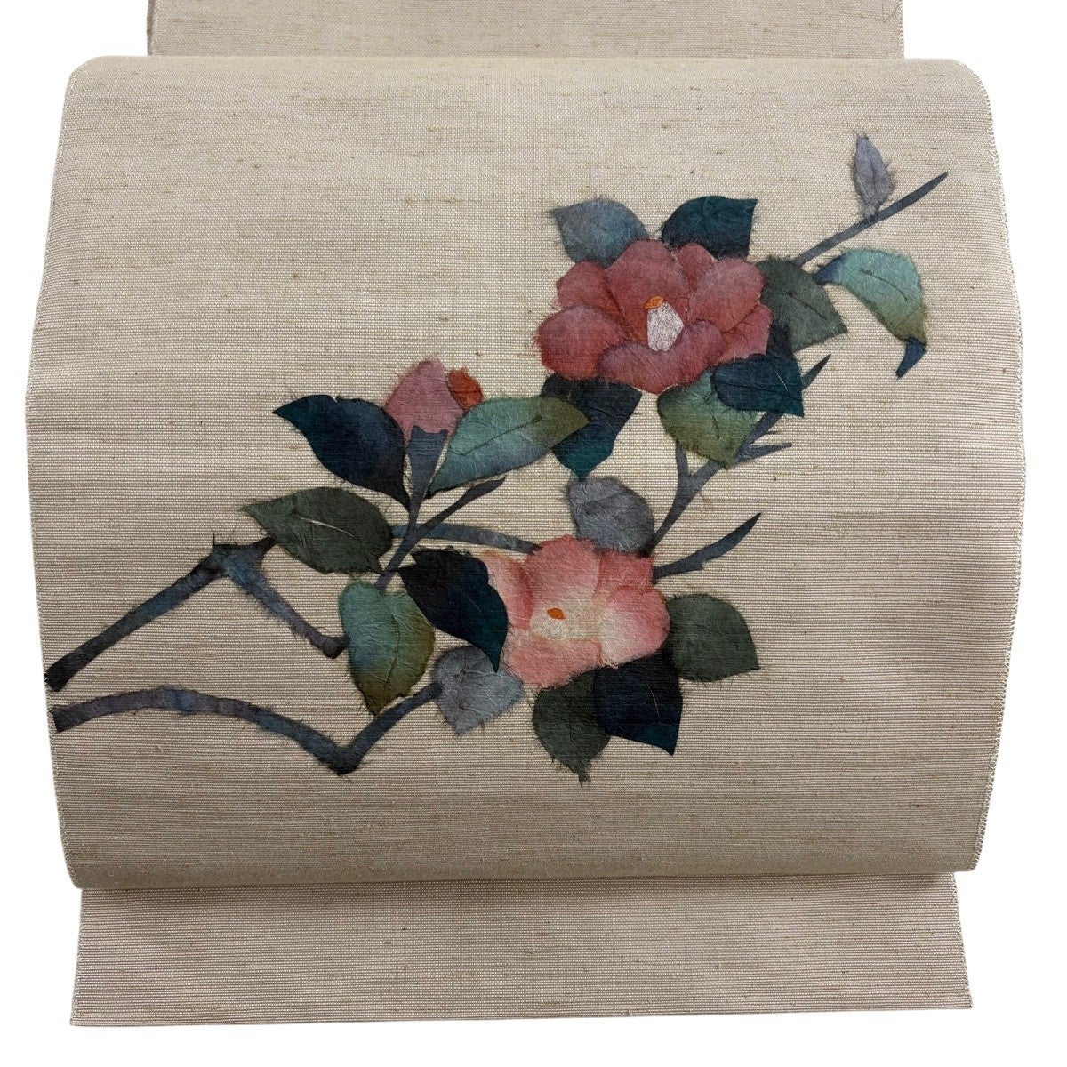美品】 名古屋帯 秀品 八寸名古屋帯 松葉仕立て 椿 ベージュ 正絹