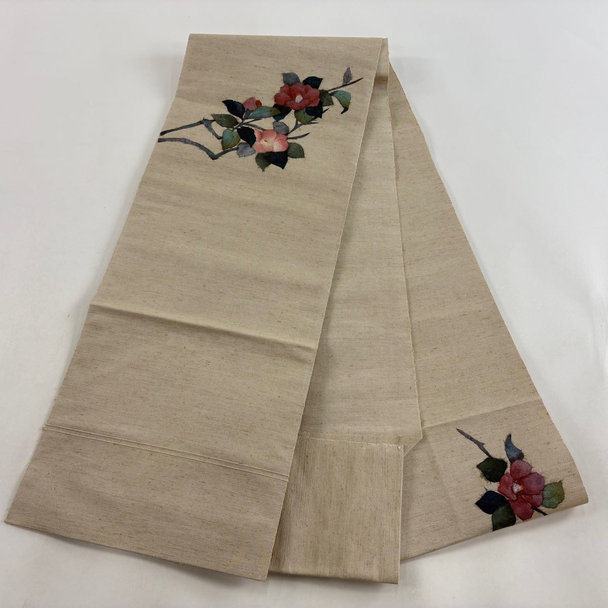 美品】 名古屋帯 秀品 八寸名古屋帯 松葉仕立て 椿 ベージュ 正絹