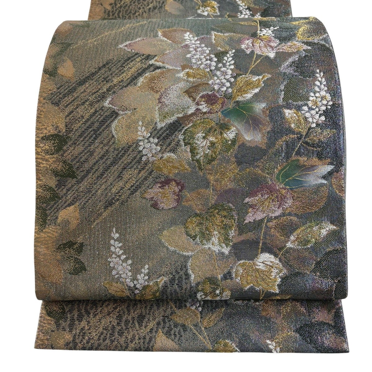 美品】 袋帯 秀品 草花 幾何学 金銀糸 灰紫 お太鼓柄 正絹｜中古・古着