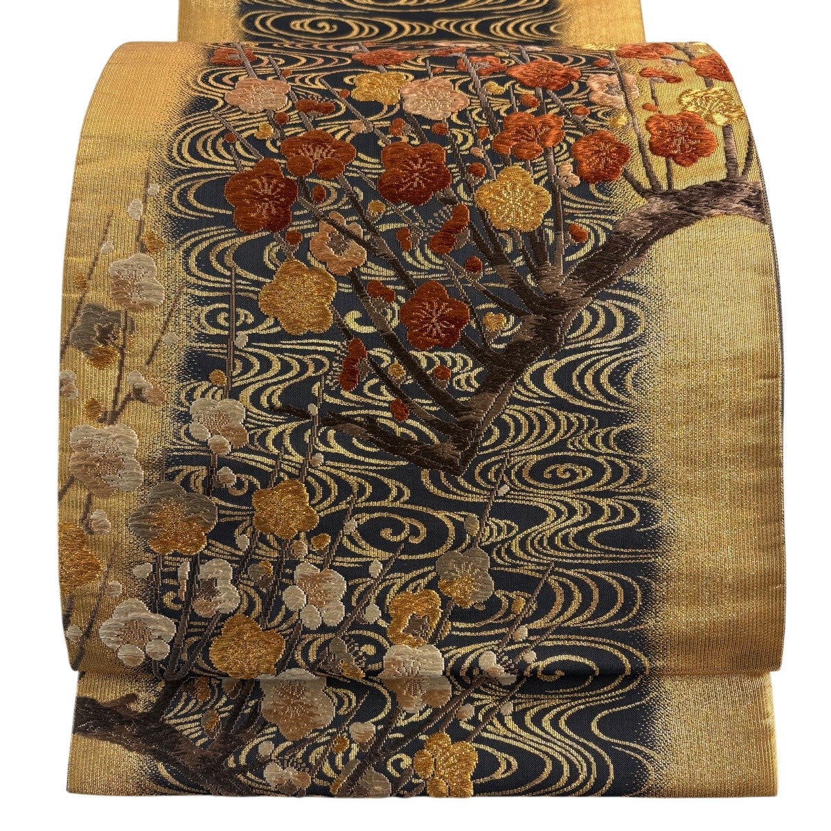 美品】 袋帯 秀品 松尾光琳 落款あり 枝梅 観世水 金糸 箔 金色 お太鼓