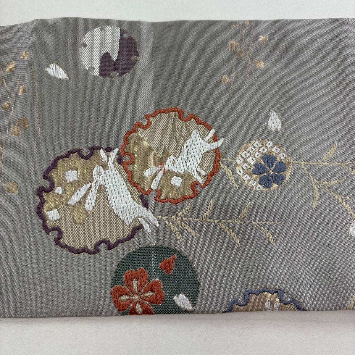 シ*ル様 【新品・未使用】ウサギと雪玉のグレー着物 名古屋帯 秀品 雪輪 うさぎ 箔 灰色 正絹｜中古・古着・リサイクル着物